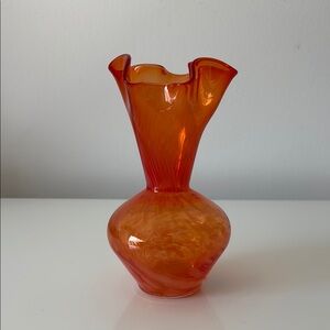 Vintage Wales made in Japan Orange Swirl Art Glass Ribbon Bud Vase Mid Century